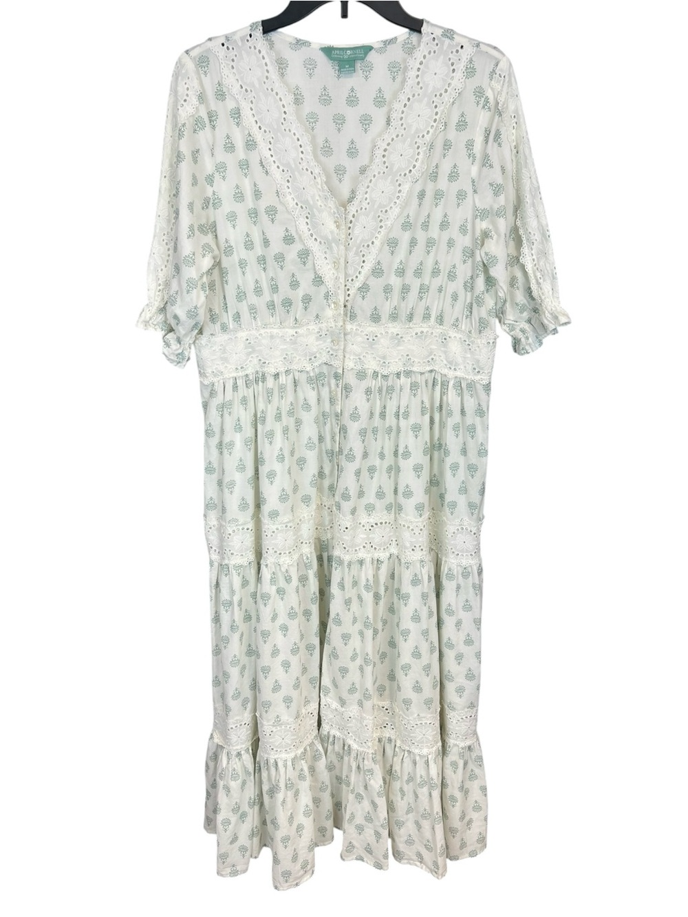 April Cornell Prairie floral cottagecore maxi Dress tiered lace inserts medium - Picture 2 of 14